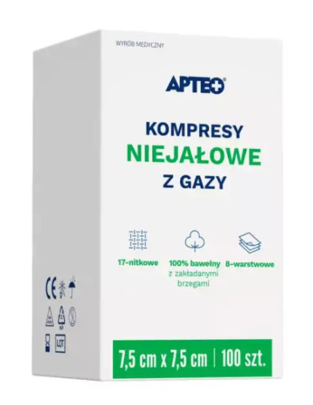 KOMPRESY NIEJAŁOWE Z GAZY 7,5 CM X 7,5 CM 100 SZT APTEO CARE