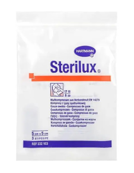 Kompresy jałowe 5 cm x 5 cm Sterilux 17-nitkowe 8 warstwowe 3 szt.