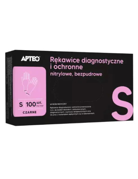 Rękawice diagnostyczne i ochronne nitrylowe bezpudrowe czarne S APTEO 100 szt.
