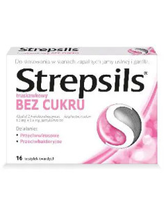 Strepsils truskawkowy bez cukru 16 pastylek do ssania