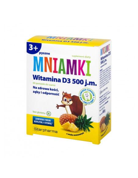Mniamki 3+ Witamina D3 500 j.m. smak ananasowy 60 pastylek