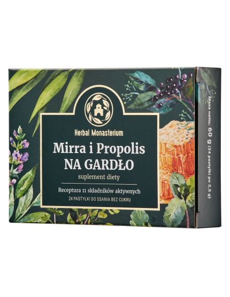Herbal Monasterium Mirra i Propolis na gardło, bez cukru, 24 pastylki do ssania
