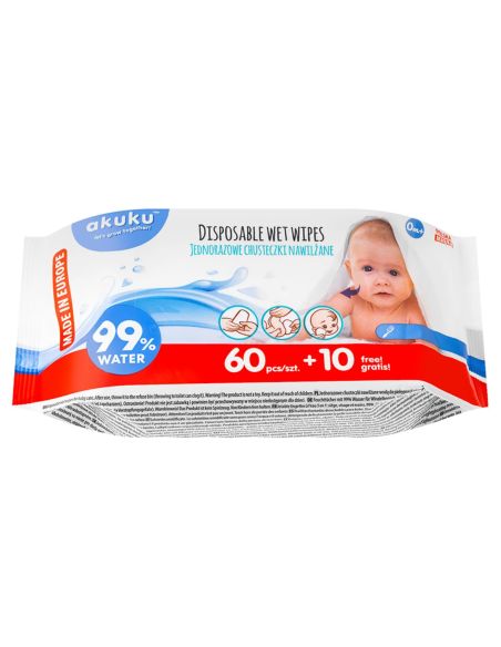 Akuku, chusteczki nawilżane wodą, A0031, od urodzenia, 60 sztuk + 10 gratis