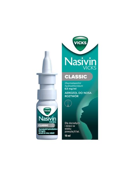 Nasivin Vicks Classic 0,5 mg/ ml, aerozol do nosa dla dorosłych i dzieci od 6 lat, 10 ml