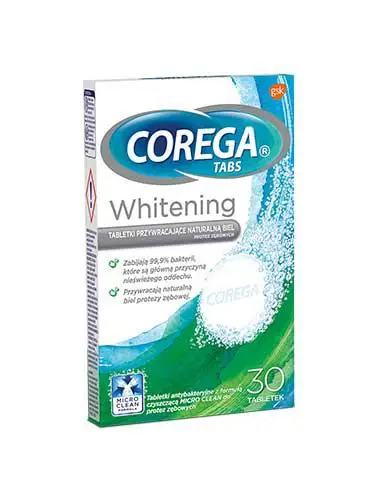Corega Tabs Whitening tabletki przywracające naturalną biel protez zębowych 30 tabl. - 1 - Apteka HIT
