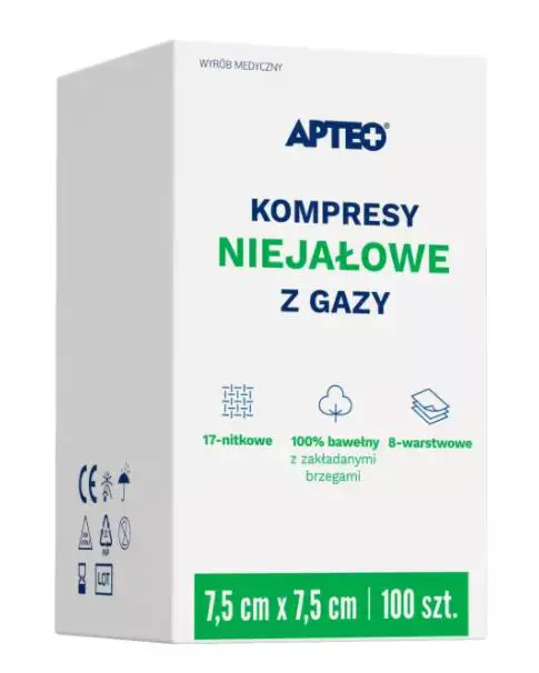 KOMPRESY NIEJAŁOWE Z GAZY 7,5 CM X 7,5 CM 100 SZT APTEO CARE - 1 - Apteka HIT