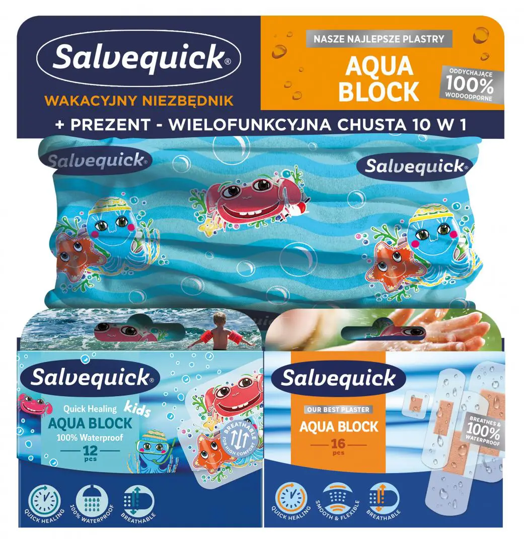 Salvequick Aqua Block Zestaw Plastry dla dzieci 12 szt. + Plastry szybko gojące rany 16 szt. + Chusta 10w1 - 1 - Apteka HIT