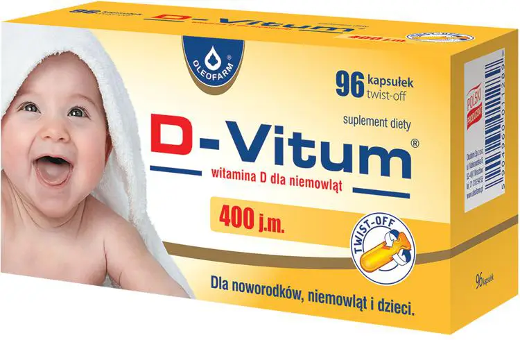 Oleofarm D-Vitum Witamina D dla niemowląt 400 j.m. 96 kapsułek twist-off - 1 - Apteka HIT