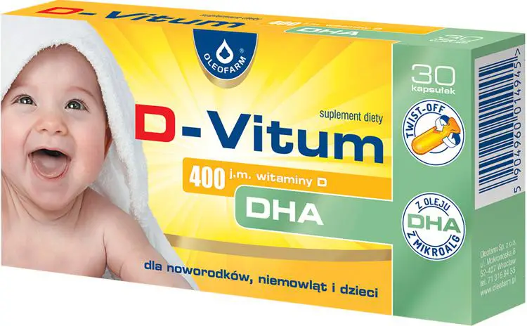 Oleofarm D-Vitum Witamina D + DHA dla noworodków, niemowląt i dzieci 400 j.m. 30 kapsułek twist-off - 1 - Apteka HIT