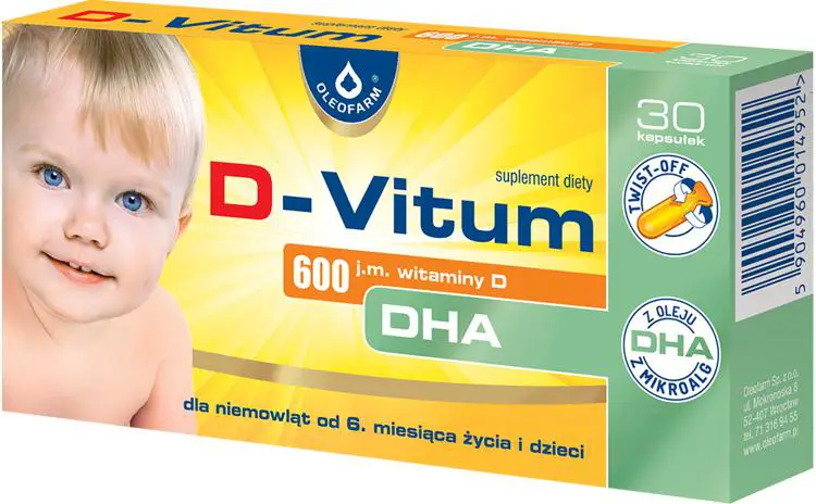 Oleofarm D-Vitum Witamina D + DHA dla niemowląt od 6. roku i dzieci 600 j.m. 30 kapsułek twist-off - 1 - Apteka HIT