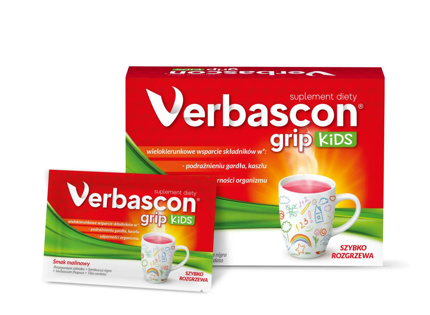 Verbascon grip kids proszek do rozpuszczenia o smaku malinowym 10 saszetek - 1 - Apteka HIT